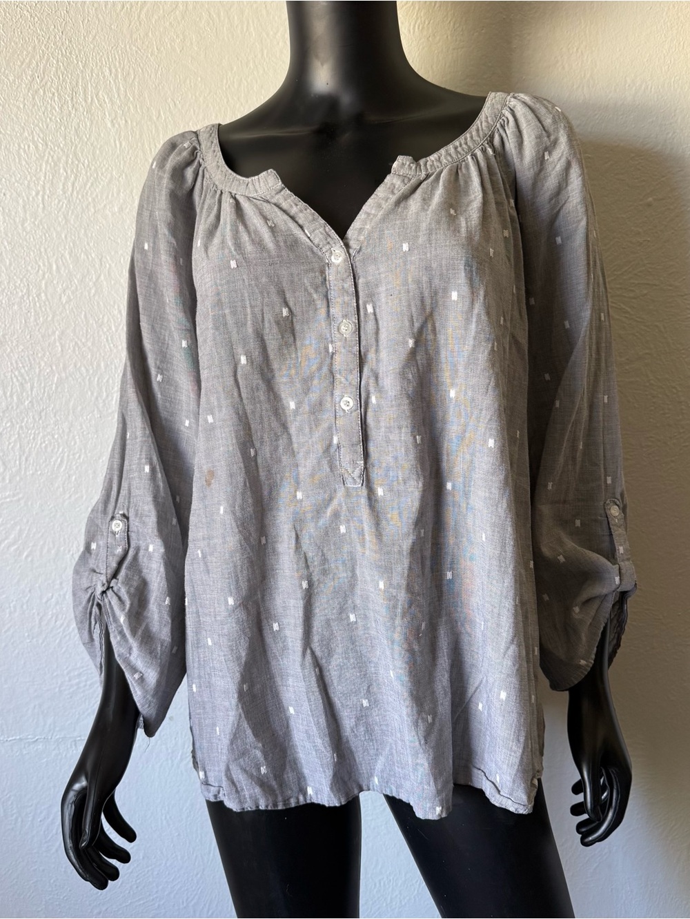 Plus Size 2X 100% Cotton Gray Peasant Top Westbound Woman Clip Dot Boho